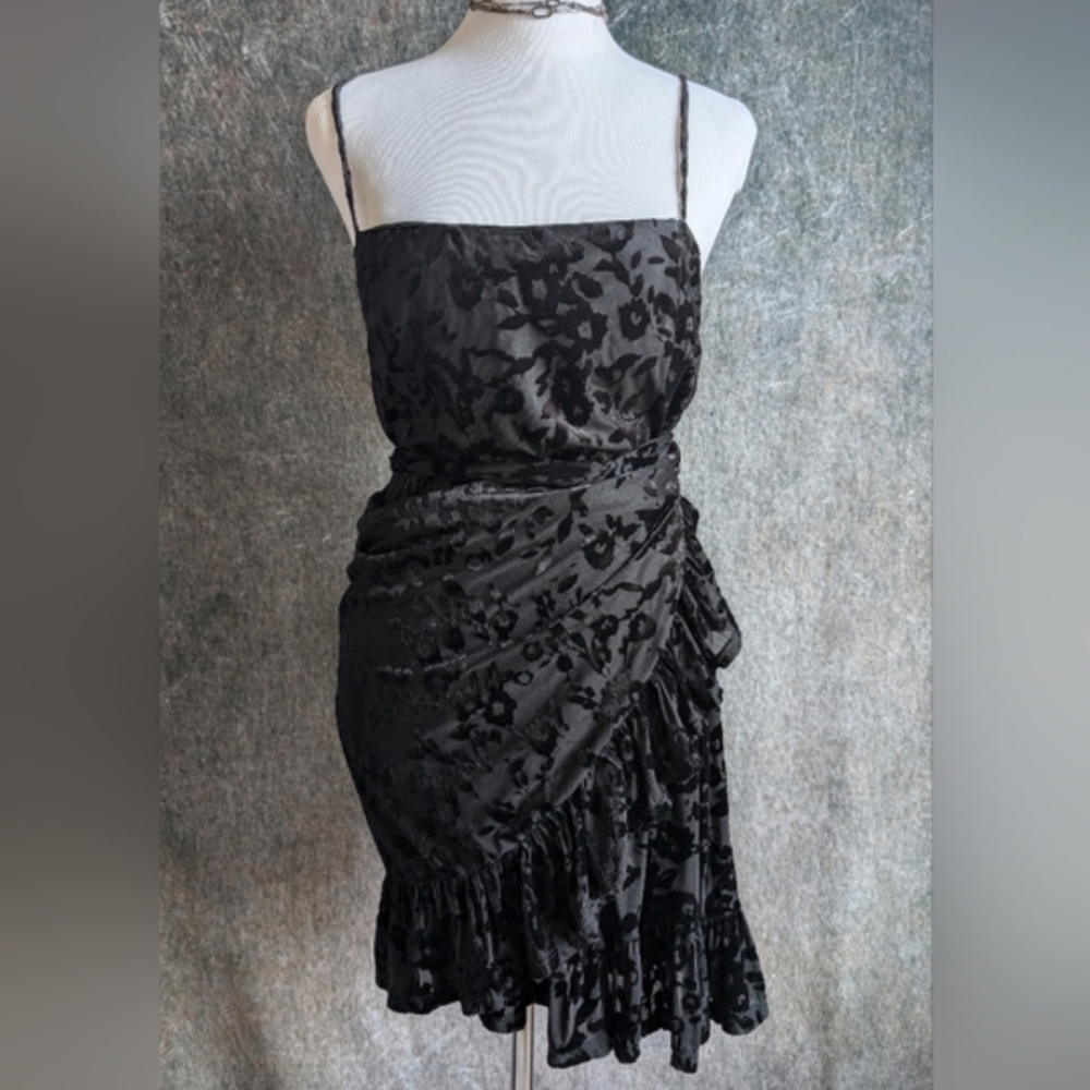 Black Burnout Velvet Mini Dress Floral Tie Waist M